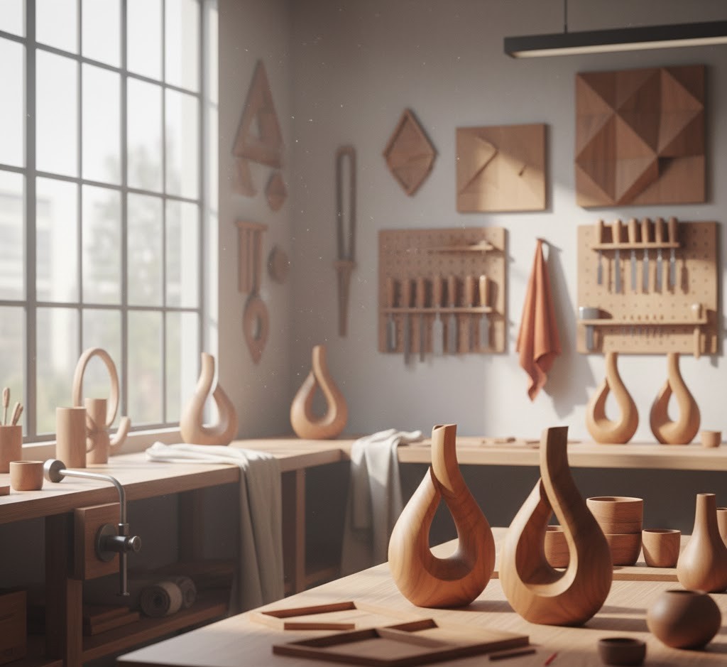 Handwerkswerkstatt mit Holzvasen